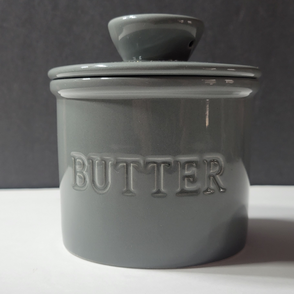 BUTTER embossed Butter Bell Crock French Ceramic Butter Dish modern neutral grey